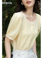 MISHOW 2022 женская летняя рубашка с пышными рукавами и коротким рукавом, клетчатые топы с круглым вырезом, повседневная женская шифоновая одежда MXB25X0185 1005004324521210
