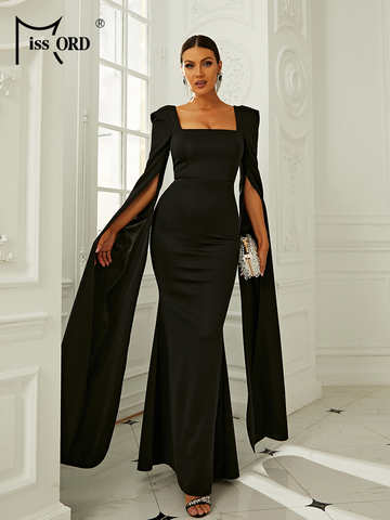 Женское вечернее платье Missord, черное элегантное платье с разрезом, длинным рукавом и квадратным воротником, облегающее вечерние платье длиной до пола для выпускного вечера 1005004352060446