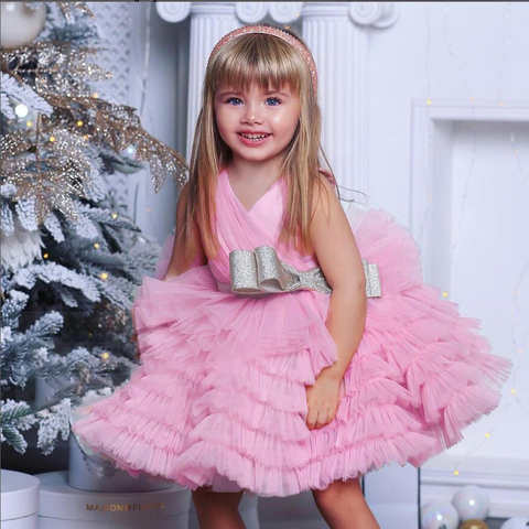 Летнее розовое Тюлевое платье для девочек, платья, пышный бант, платье принцессы на день рождения с цветами для девочек, детская свадебная одежда 1005004363908479