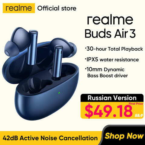 Realme Buds Air 3 Беспроводные наушники 42 дБ Беспроводные наушники с активным шумоподавлением IPX5 Водонепроницаемая гарнитура Игровая музыка Спорт Bluetooth-наушники 1005004379834590