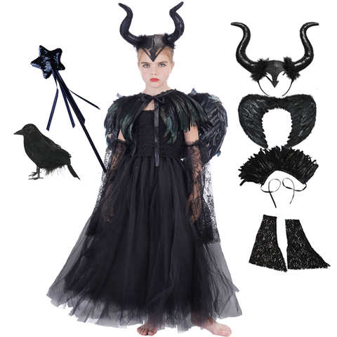 2024 Maleficent Dark Queen Хэллоуин Рождественский костюм для девочки роскошные черные блестящие платья детское бальное платье халат Косплей Одежда 1005004448862897