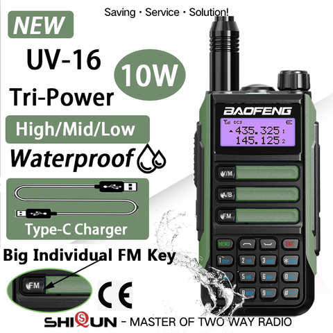Портативная рация 10 Вт UV 16 Plus, портативная рация BaoFeng, водонепроницаемый FM-радиоприемник, мощная Двухдиапазонная рация VHF/UHF, быстрое зарядное устройство USB Type-C 1005004493628435