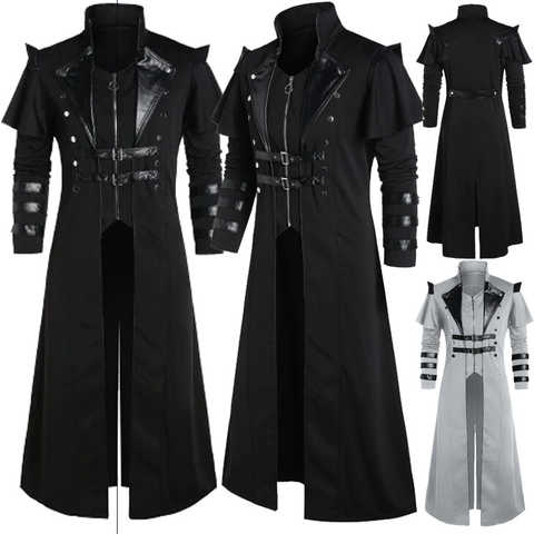Винтажный костюм на Хэллоуин в средневековом стимпанк, костюм убийц, эльфов, пиратов, мужской черный длинный пиджак с разрезом, готический армированный кожаный жакет 1005004516905093