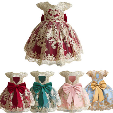 Платье принцессы с красными цветами для маленьких девочек, 12 месяцев, для малышей, на один год, день рождения, с большим бантом, бальное платье-пачка для девочек, Официальный пышный костюм для выпускного вечера 1005004526182180