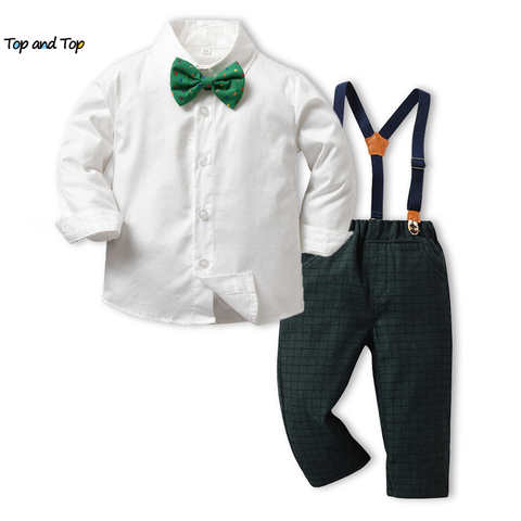 Комплект одежды для мальчиков, рубашка с бантом и длинным рукавом + штаны на подтяжках, топ и топ, Рождественский Костюм Джентльмена 1005004633931336