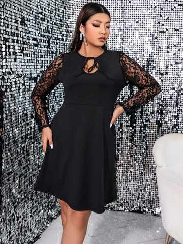 Женское платье-миди с длинным рукавом, кружевное черное ажурное Элегантное коктейльное вечернее платье, модель 4XL на осень, 2022 1005004639342550