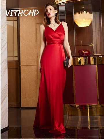 Женское атласное вечернее платье, красное бальное платье на тонких бретельках, с открытой спиной, для выпускного вечера 1005004724371715