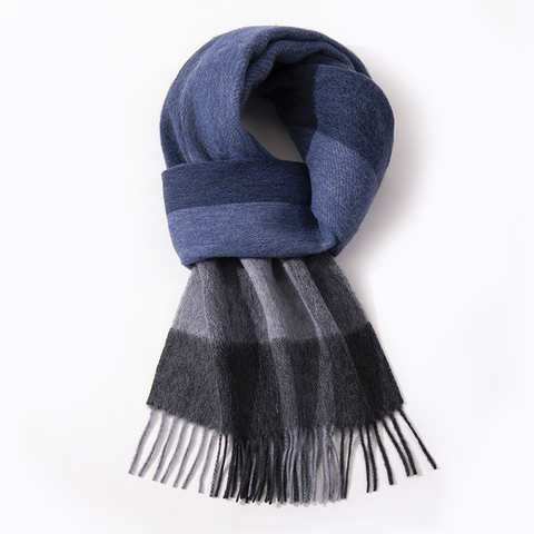 Длинный шарф из 100% шерсти, мужские зимние теплые шарфы на шею, классический деловой клетчатый синий шарф, шали, роскошный мужской платок в полоску 1005004725086325