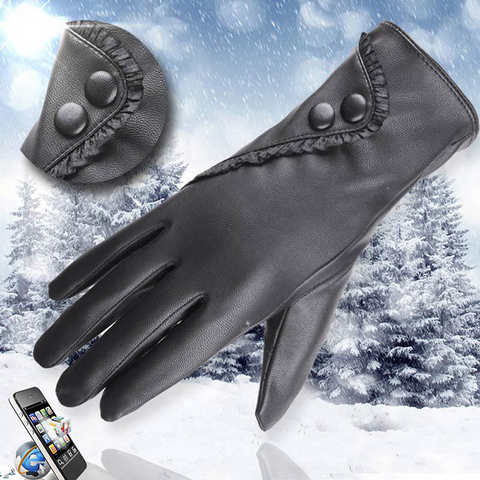 Женские перчатки для сенсорного экрана, зимние черные перчатки из искусственной кожи с флисовой подкладкой и закрытыми пальцами, элегантные варежки для вождения 1005004731831932