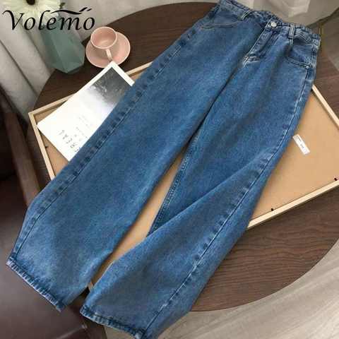 Женские джинсы Volemo, уличные повседневные брюки с высокой талией, корейская мода светильник-голубые прямые джинсы, хлопковые свободные черные женские джинсы 1005004732661859