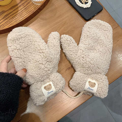 Мягкие плюшевые зимние плотные теплые перчатки без пальцев для девочек корейские японские однотонные перчатки с веревками повседневные уличные варежки для верховой езды 1005004795089282