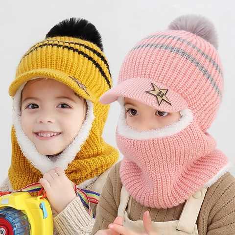 Зимняя детская Милая вязаная плюшевая Шапка-шарф из двух предметов теплая мягкая уличная ветрозащитная шапка для мальчиков и девочек с двойным флисом детская шапка 1005004836807267