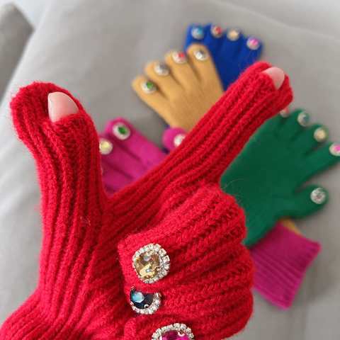 Женские зимние перчатки, зеленые, желтые эластичные теплые перчатки для сенсорного экрана, повседневные длинные перчатки с бриллиантами, вязаные варежки, варежки для женщин, 1 пара 1005004840976444
