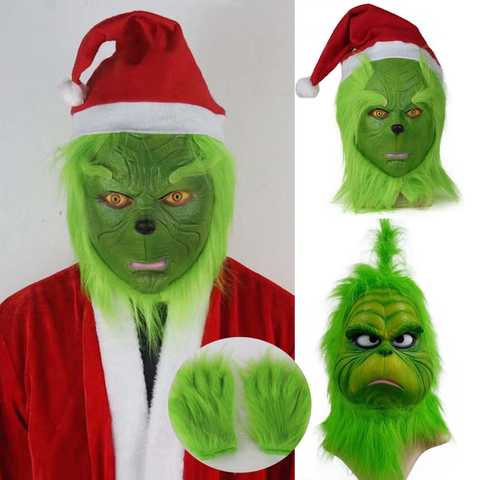 Рождественский палантин, маски, перчатки, косплей, зеленый монстр, Санта, латексный шлем с шляпами, реквизит для костюма на Хэллоуин, карнавал, вечеринку 1005004843584709
