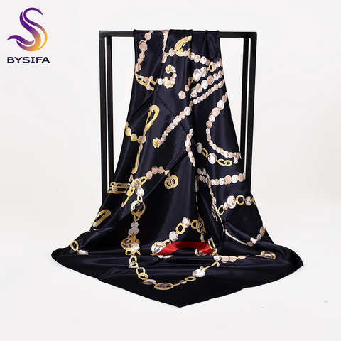 BYSIFA | Новый женский черный, красный, Женский шаль 90*90 см, модный брендовый дизайнерский шарф с цепочкой из полиэстера и шелка, хиджаб с принтом 1252566936