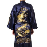 Халат-кимоно Мужской Атласный с вышивкой, шелковый халат в китайском стиле, банное платье с драконом, размеры S, M, L, XL, XXL, XXXL, S0008, темно-синий 1895397690