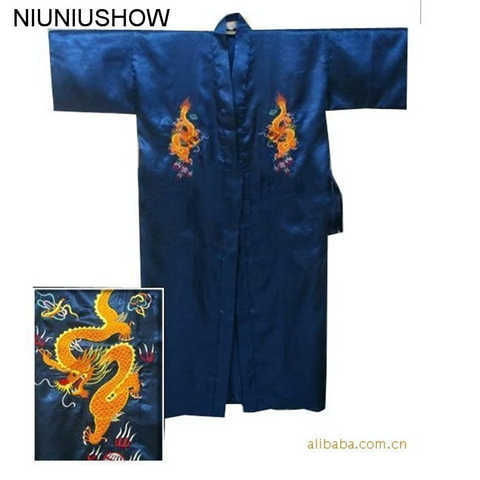 Халат-кимоно Мужской Атласный, шелковый халат с вышивкой, с драконом, размеры S, M, L, XL, XXL, XXXL, темно-синий цвет 1895421399
