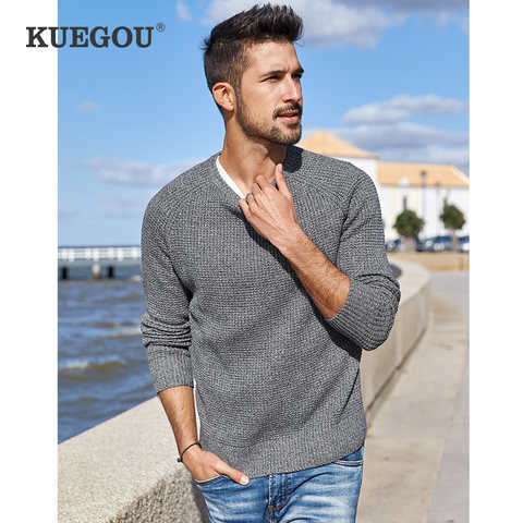 KUEGOU 2022 Весна 100% хлопок однотонный серый свитер мужской пуловер Повседневный джемпер для мужской одежды Брендовая трикотажная одежда размера плюс 14012 32514258095