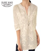 Новая блузка с v-образным вырезом из органзы с вышивкой белая кружевная блузка Топ Плюс Размер Летняя Корейская женская блузка женская цветок  блузка 566F 25 32647386603