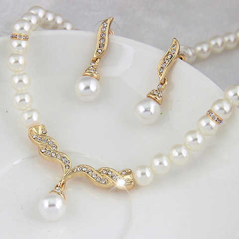 Креативное ожерелье KUNIU золотого цвета, 1 пара сережек, свадебные ювелирные изделия Стразы с жемчугом для невесты, набор женских ювелирных изделий для женщин 32729816235