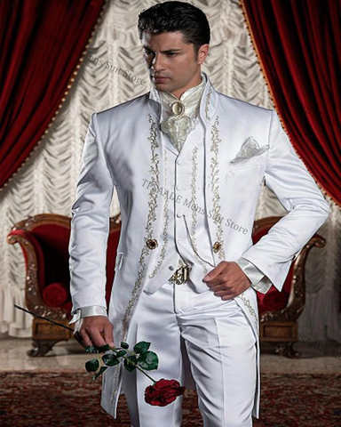 Белые смокинги для жениха с вышивкой на заказ, блейзер с воротником-стойкой для жениха, мужской свадебный костюм (пиджак + брюки + жилет + галстук + носовой платок) 32772402534