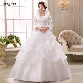 Женское свадебное платье JIERUIZE, белое теплое платье из органзы с длинными рукавами, дешевое мусульманское свадебное платье на зиму 32774643339