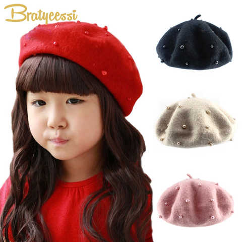 Модная шерстяная детская шапка с жемчугом, конфетных цветов, Ретро Кепка для маленьких девочек, детский берет, шапки для девочек, верх 1 шт. 32801227258