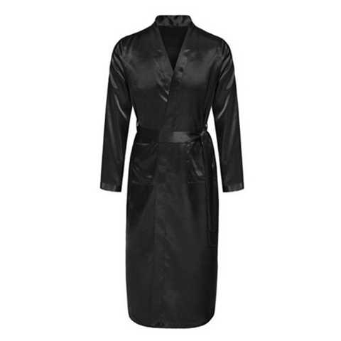 Новинка, черный Мужской Атласный халат из искусственного шелка, однотонный тонкий халат для ванной, Повседневная Мужская Ночная рубашка для отдыха, одежда для сна, домашняя одежда 32809593287