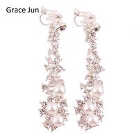 Серьги-клипсы женские, без пирсинга, длинные Стразы, бренд Grace Jun, для вечеринок, свадьбы, клипсы с искусственным жемчугом 32816193689