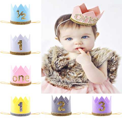 Корона на первый день рождения для мальчиков и девочек, розовая, желтая, серая, фиолетовая, белая, первый, 2-й, трехлетний, шапка на день рождения с цифрами, Детская повязка на голову 32822398047