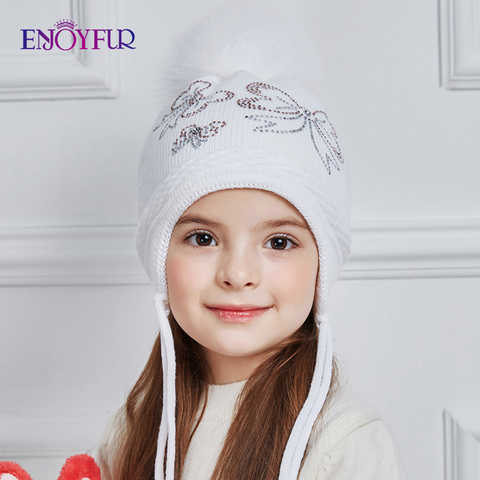 Шапка-ушанка ENJOYFUR, детская вязаная шапка с помпоном из натурального Лисьего меха, розового цвета, для осени и зимы 32828375834