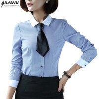 Блузка женская с длинным рукавом, хлопок, элегантная формальная приталенная рубашка в синюю полоску, с завязкой, офисная одежда для работы, топы, весна 32828919428