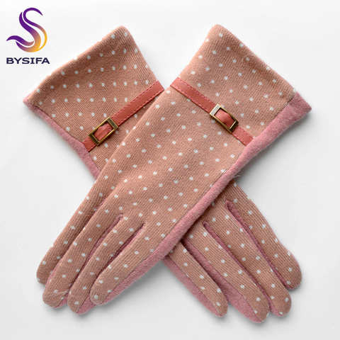 Женские шерстяные варежки в горошек [BYSIFA], перчатки, модные дизайнерские кашемировые перчатки из искусственной кожи с металлической пряжкой, Элегантные плотные теплые розовые перчатки 32832176695