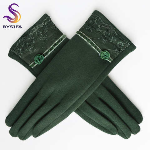 Перчатки женские зимние из кашемира и шерсти, с кружевной вышивкой, серые и зеленые, мягкие митенки 32834035629