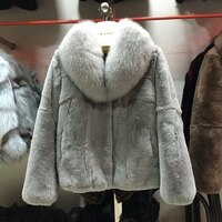 2021 короткая куртка из цельной натуральной кожи шуба из кролика рекс пальто с большим воротником из лисьего меха женская зимняя верхняя одежда 2019 32834403307