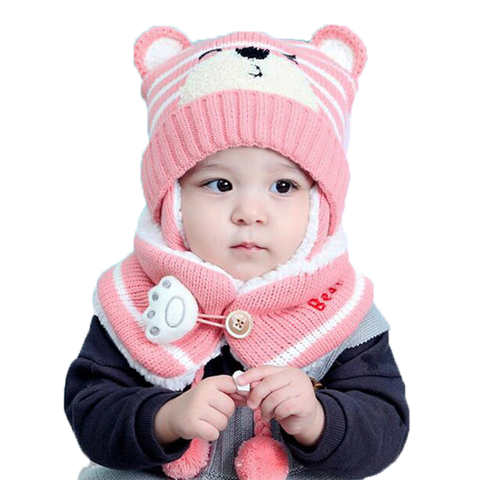Детские шапки, шапка, шапка, детский мультяшный дизайн, полосатая вязаная шапка и шарф, зимний теплый комплект, розовый, серый 32835130717