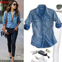 Рубашка джинсовая женская с длинным рукавом, модная повседневная Однотонная синяя блуза из хлопка с двумя карманами, на осень 32840387388
