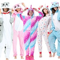 Пижама-Кигуруми для мальчиков и девочек, фланелевый комбинезон-кигуруми на молнии с единорогом, мультяшной пандой, котом, Тоторо, домашняя одежда для всей семьи, комбинезоны в стиле аниме 32843593510