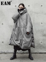 [EAM] 2019 Новинка весны с капюшоном одноцветное цвет светло серый утолщение большой размеры Vent теплый жакет, женский пиджак Мода прилив JE02002 32844093447