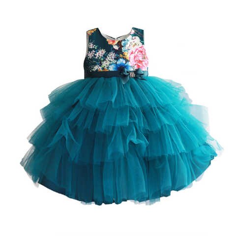 Платье для маленьких девочек с цветочным принтом, детская одежда для свадебной вечеринки, летнее зеленое многослойное платье, платье на день рождения для 1 года, размеры от 2 до 8 лет 32845400762