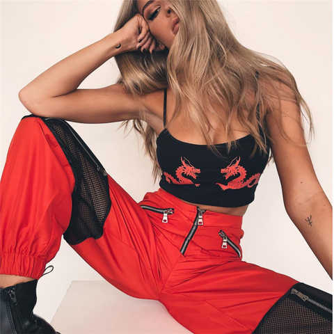 Женские красные свободные шаровары, сетчатые брюки в стиле пэчворк, модные женские спортивные брюки с высокой талией, женские брюки в стиле хип-хоп, 2019 32846639884