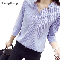Рубашка женская с рукавом три четверти и воротником-стойкой, свободная размера плюс блузка в синюю и белую полоску, винтажные топы, весна 2020 32854603603