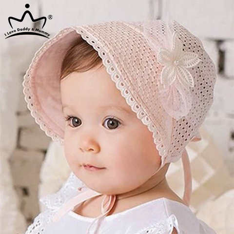 Кружевная детская шапка с цветочным узором, летняя Милая шапка принцессы для маленьких девочек с бантом, однотонная Панама для младенцев, малышей 32855558846