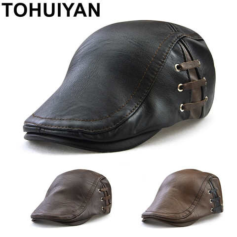 Кожаный берет TOHUIYAN для мужчин, зимний теплый берет, британский джентльмен Boina Gorras Planas, плоская кепка s, Мужской Ретро шляпа в стиле Гэтсби 32859673031