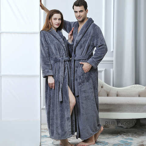 Мужской зимний сверхдлинный теплый банный халат из кораллового флиса, плотный фланелевый теплый банный халат, халат для влюбленных, женский и мужской Халат-кимоно 32861071158