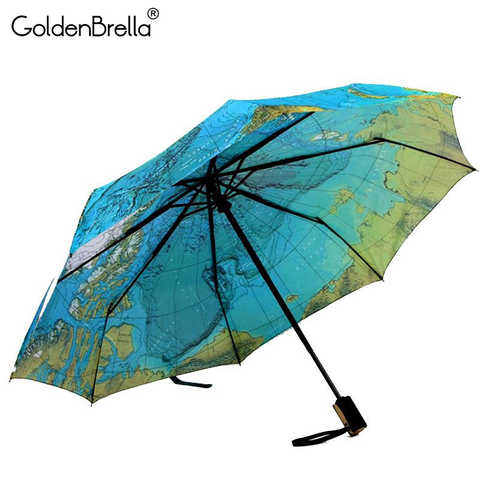 Творческий полностью автоматический тройной складной синий зонт с рисунком карты дождь женский личный складной сверхсветильник солнцезащитный дорожный мужской зонт с защитой от ультрафиолета 32863847346