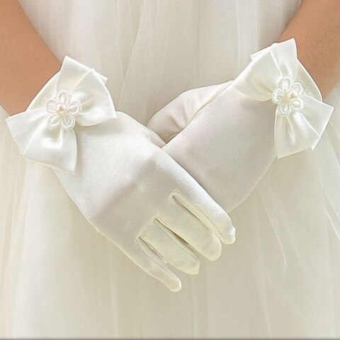 Милые атласные детские перчатки с цветами, белые перчатки для детей, свадебные перчатки для девочек с бантом, детские модные детские варежки 32866291054