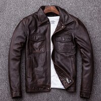 Куртка кожаная мужская, короткая, винтажная, коричневая, кожаная, размера плюс 32869339584