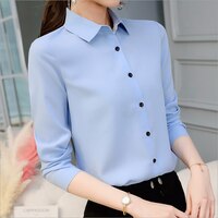 Блузка женская шифоновая с длинным рукавом, элегантный повседневный топ в Корейском стиле, облегающая уличная одежда, синяя белая рубашка, осень 2021 32872560676