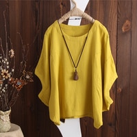 Женский топ с рукавами 2019, из хлопка и льна, с желтыми рукавами, ZANZEA, свободная летняя блуза 32873656674